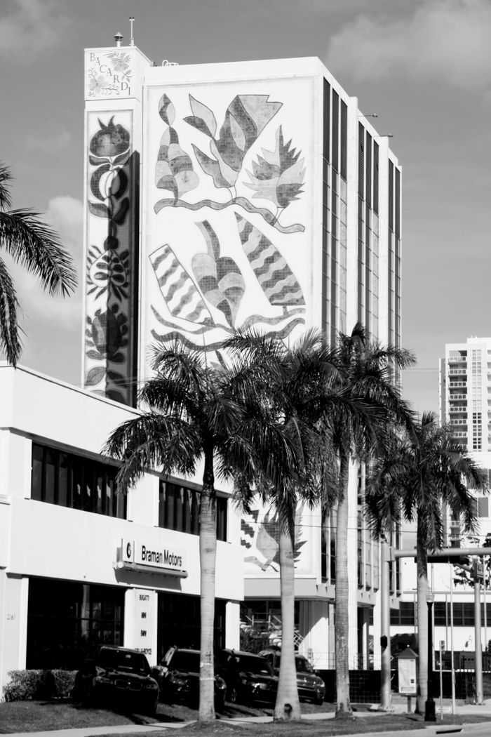 Black and white photo of a Miami skyscraper with a vibrant mural and palm trees.