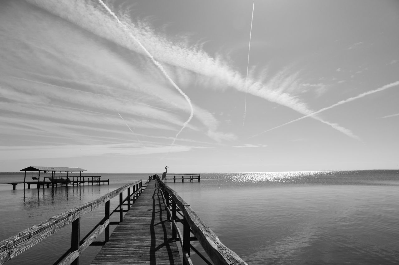 Black and white photo of a tranquil boardwalk leading over a lake with a clear sky.